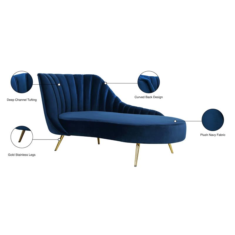 Bowery Hill Velvet Curved Back Chaise Lounge in Navy/Gold Legs