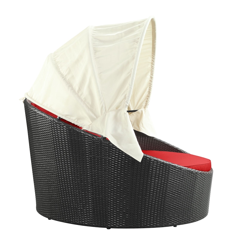 Bowery Hill Rattan Weave/Aluminum Canopy Patio Daybed in Espresso/Red
