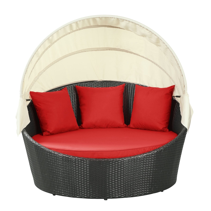 Bowery Hill Rattan Weave/Aluminum Canopy Patio Daybed in Espresso/Red