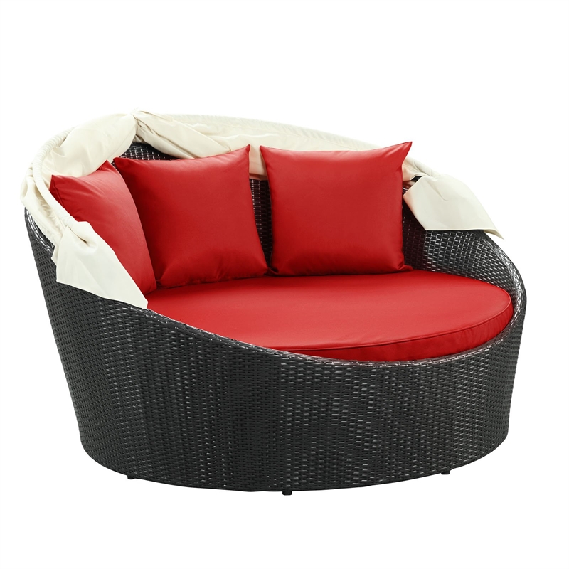 Bowery Hill Rattan Weave/Aluminum Canopy Patio Daybed in Espresso/Red