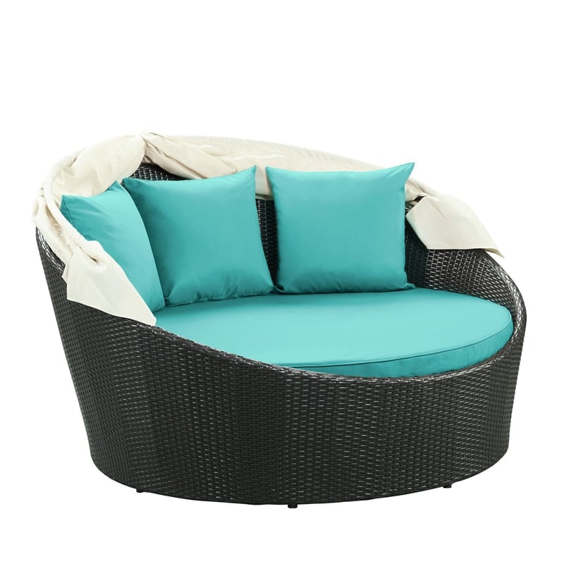 Bowery Hill Rattan Weave/Aluminum Canopy Patio Daybed in Espresso/Turquoise