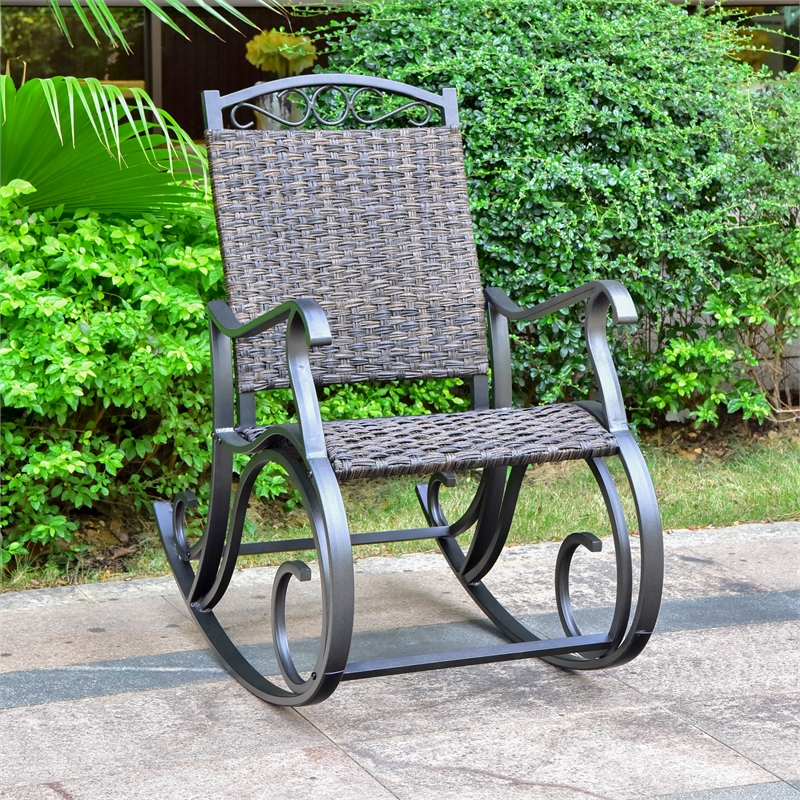 Bowery Hill Contemporary Resin Wicker Aluminum Porch Rocker in Brown