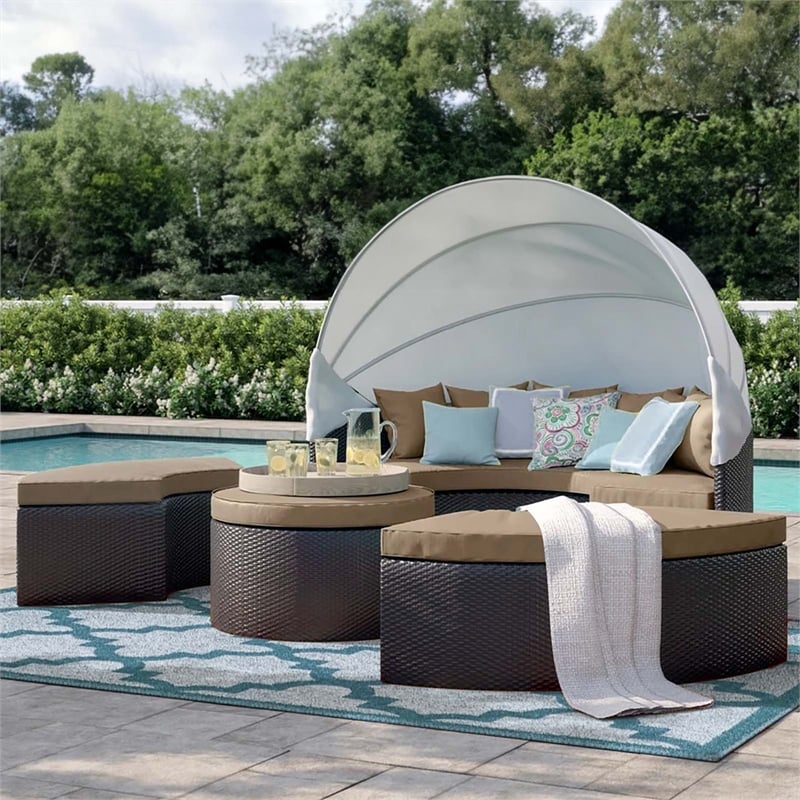 Bowery Hill Canopy Aluminum and Rattan Patio Daybed in Mocha/Espresso