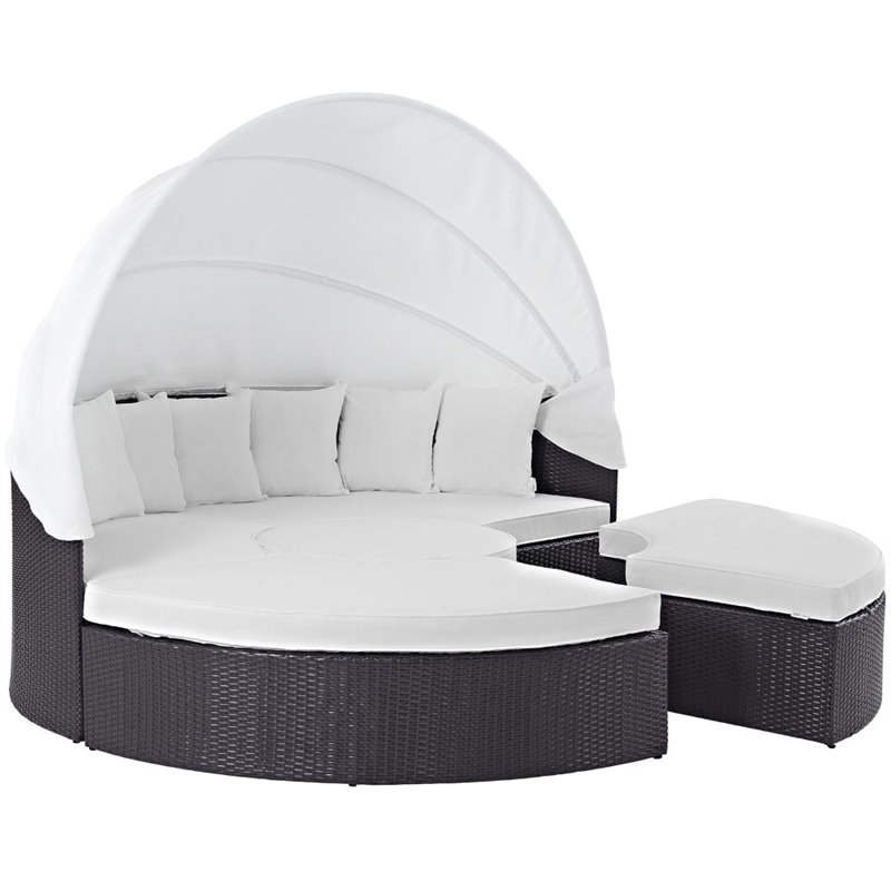 Bowery Hill Canopy Aluminum and Rattan Patio Daybed in White/Espresso