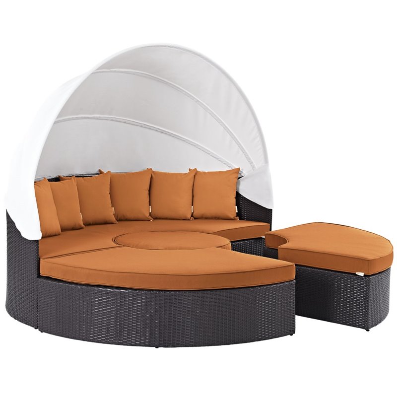 Bowery Hill Canopy Aluminum and Rattan Patio Daybed in Orange/Espresso