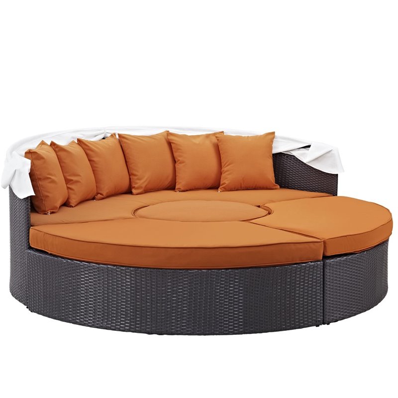 Bowery Hill Canopy Aluminum and Rattan Patio Daybed in Orange/Espresso