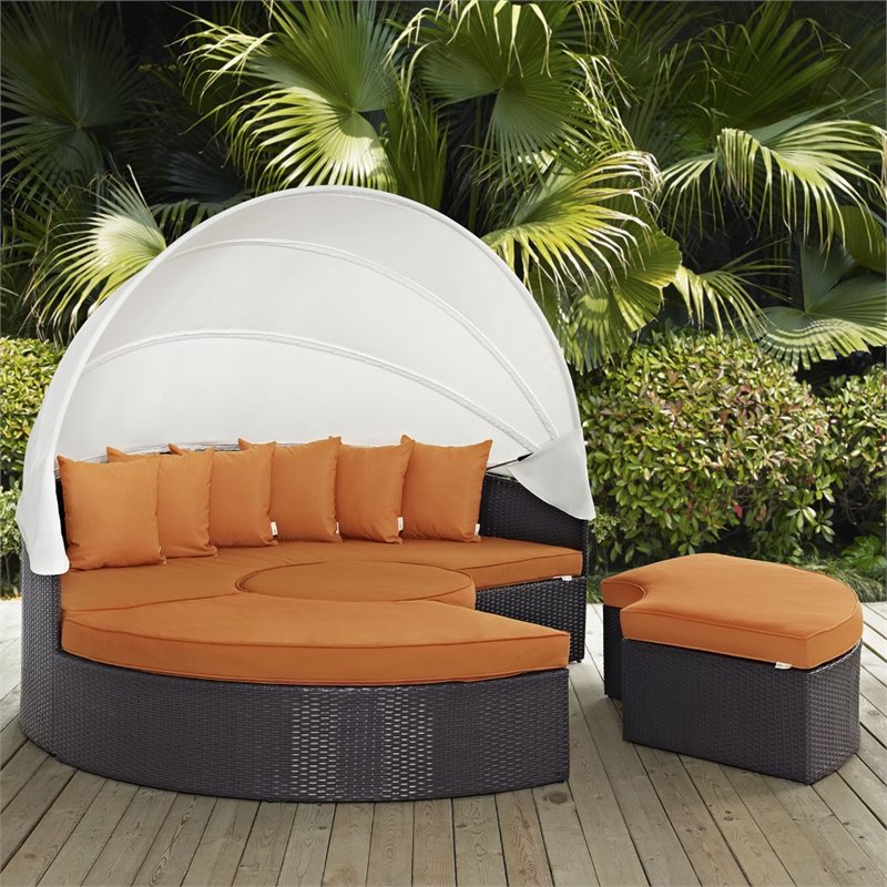 Bowery Hill Canopy Aluminum and Rattan Patio Daybed in Orange/Espresso