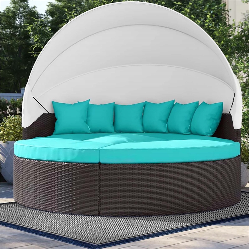 Bowery Hill Canopy Aluminum and Rattan Patio Daybed in Turquoise/Espresso