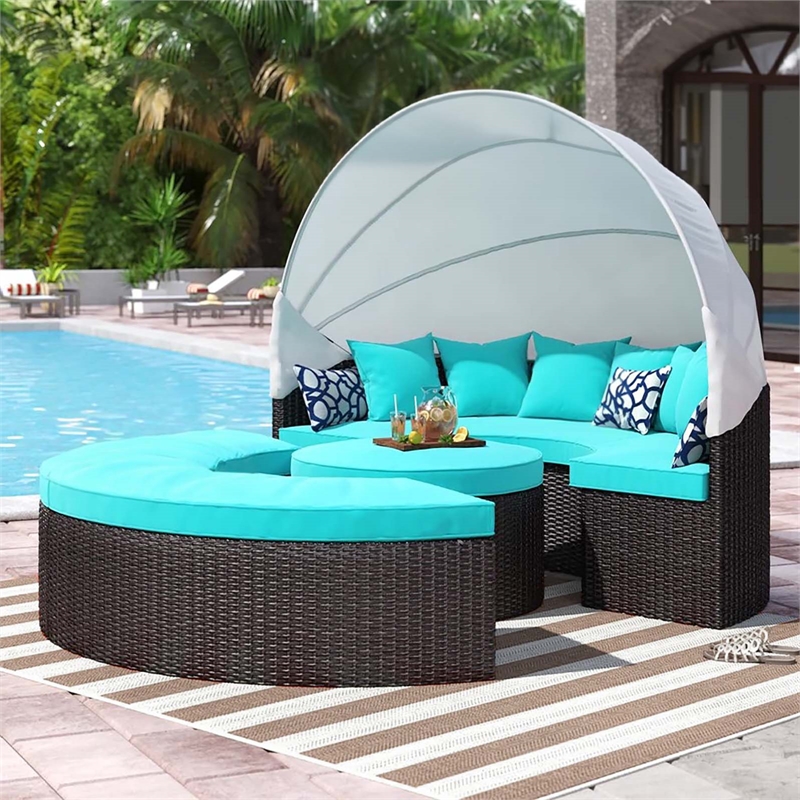 Bowery Hill Canopy Aluminum and Rattan Patio Daybed in Turquoise/Espresso