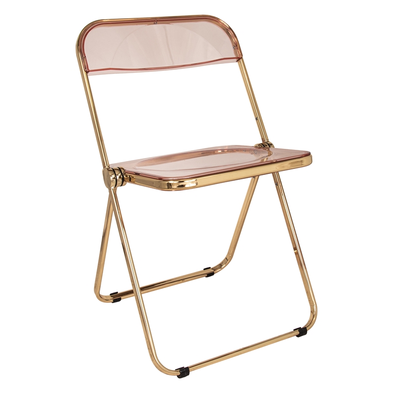 Bowery Hill Acrylic Folding Chair With Gold Metal Frame in Rose Pink