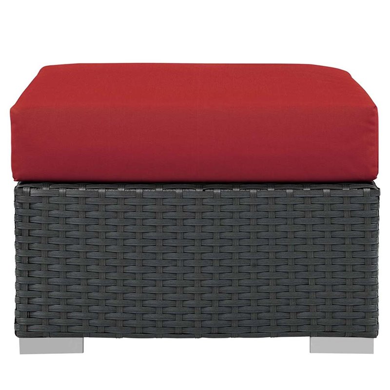 Bowery Hill Contemporary Aluminum and Rattan Patio Ottoman in Canvas/Red
