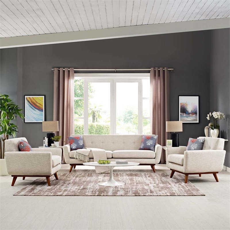 Bowery Hill Modern Fabric 3-Piece Sofa Set with Armchairs in Beige