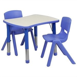 Bowery Hill Curved Plastic Activity Table Set with 2 School Stack Chairs in Blue