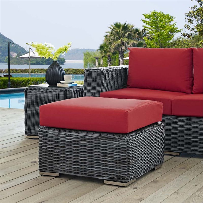 Bowery Hill Contemporary Aluminum and Rattan Patio Ottoman in Canvas/Red