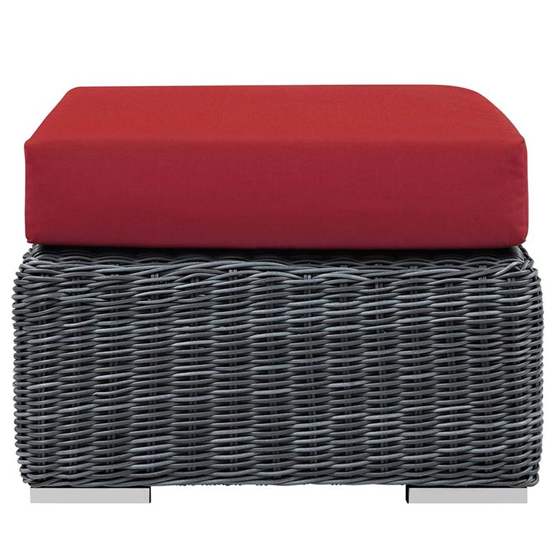 Bowery Hill Contemporary Aluminum and Rattan Patio Ottoman in Canvas/Red