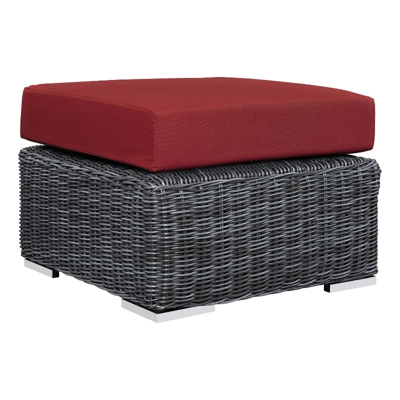 Bowery Hill Contemporary Aluminum and Rattan Patio Ottoman in Canvas/Red