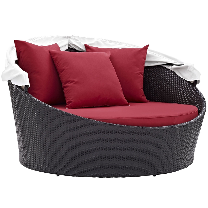 Bowery Hill Canopy Aluminum and Rattan Patio Daybed in Espresso/Red