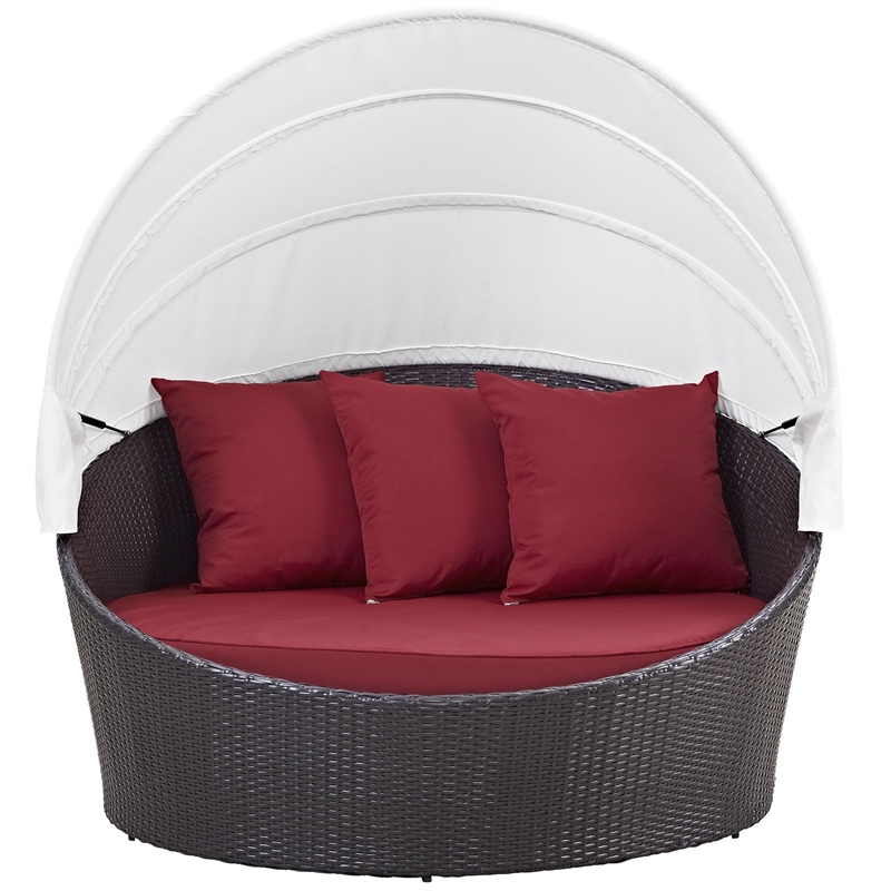 Bowery Hill Canopy Aluminum and Rattan Patio Daybed in Espresso/Red