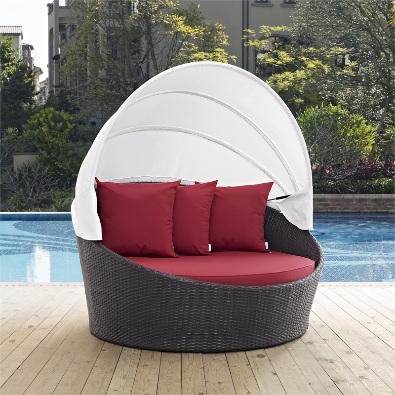 Bowery Hill Canopy Aluminum and Rattan Patio Daybed in Espresso/Red