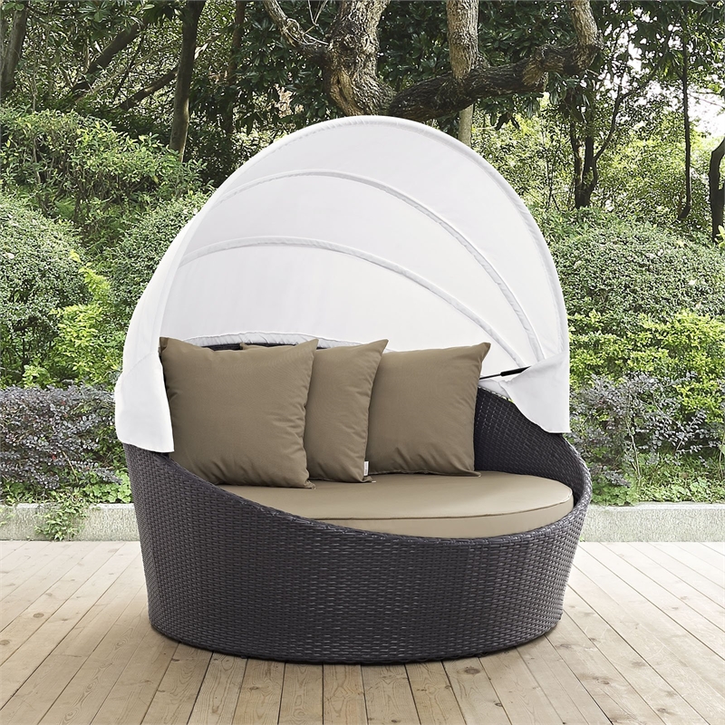 Bowery Hill Canopy Aluminum and Rattan Patio Daybed in Espresso/Mocha