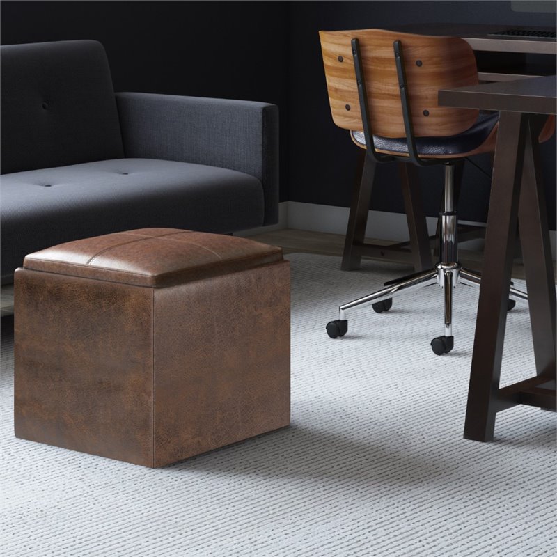 Bowery Hill Cube Storage Ottoman with Tray in Distressed Brown Faux Leather