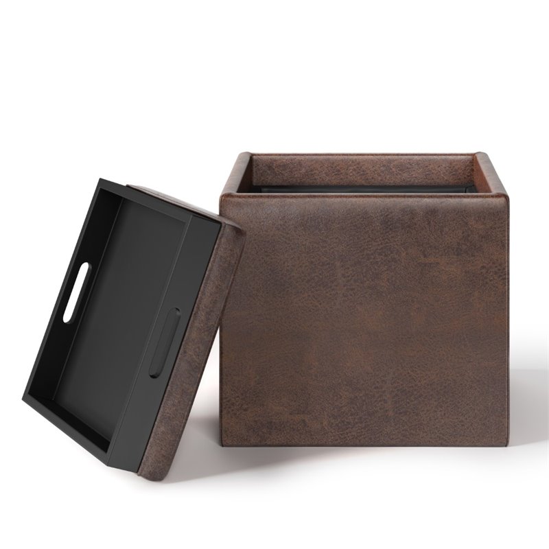 Bowery Hill Cube Storage Ottoman with Tray in Distressed Brown Faux Leather