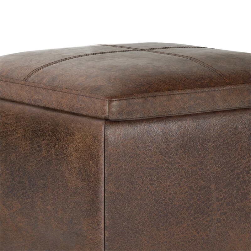 Bowery Hill Cube Storage Ottoman with Tray in Distressed Brown Faux Leather