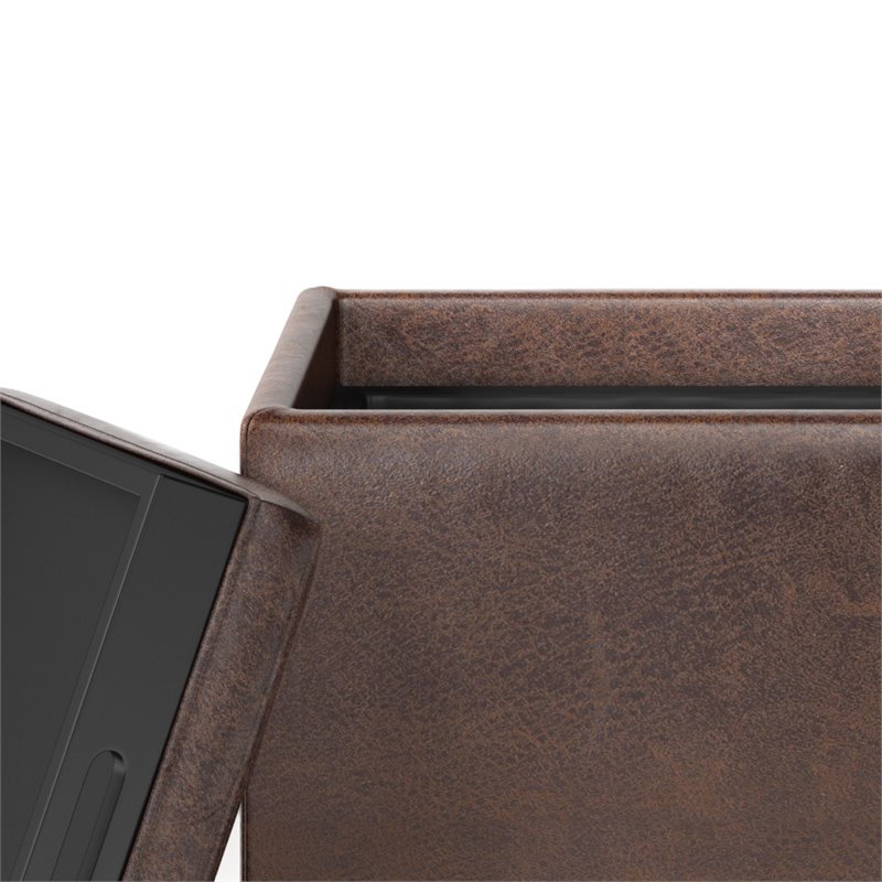 Bowery Hill Cube Storage Ottoman with Tray in Distressed Brown Faux Leather
