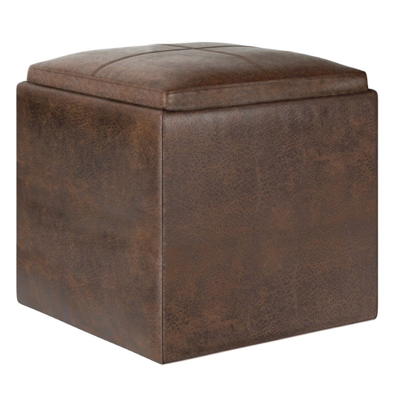 Bowery Hill Cube Storage Ottoman with Tray in Distressed Brown Faux Leather