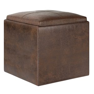 Bowery Hill Cube Storage Ottoman with Tray in Distressed Brown Faux Leather