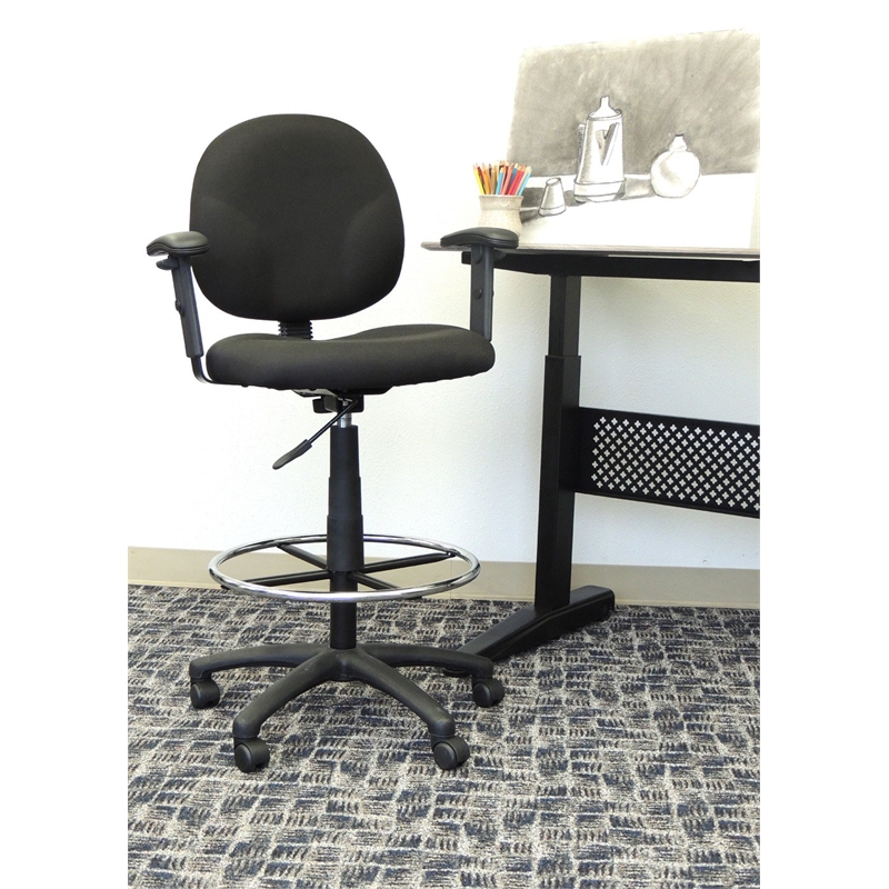 Bowery Hill Adjustable Arm Fabric Upholstered Drafting Stool in Black