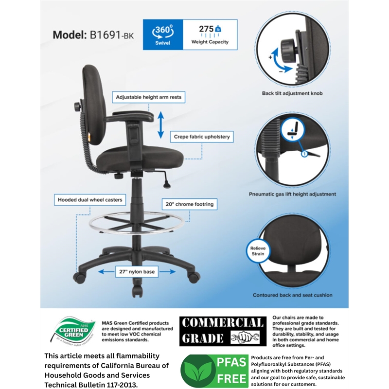 Bowery Hill Adjustable Arm Fabric Upholstered Drafting Stool in Black