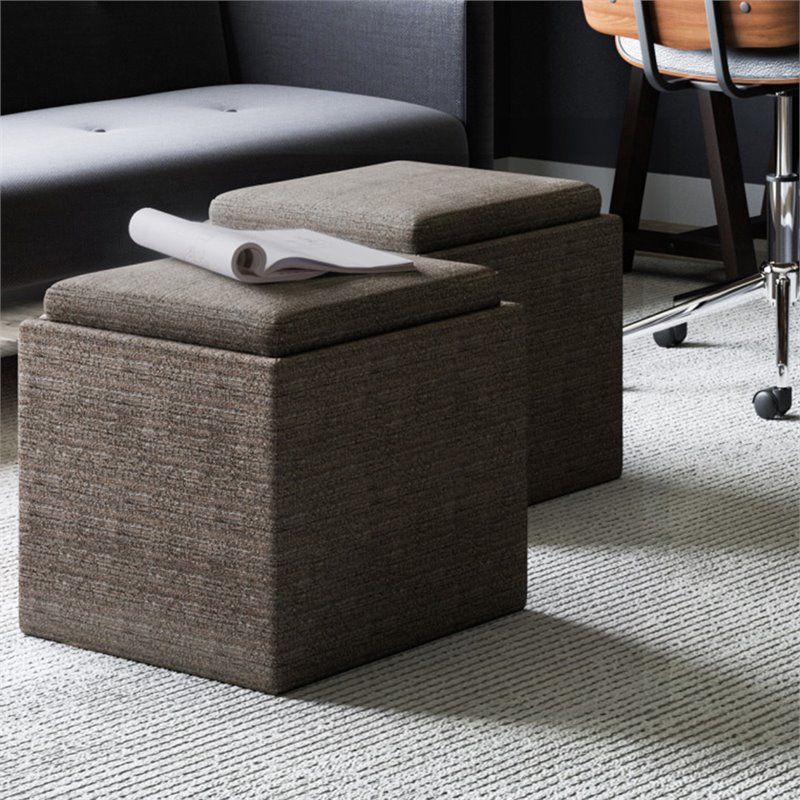 Bowery Hill Square Tweed Fabric Storage Ottoman With Tray in Mink Brown