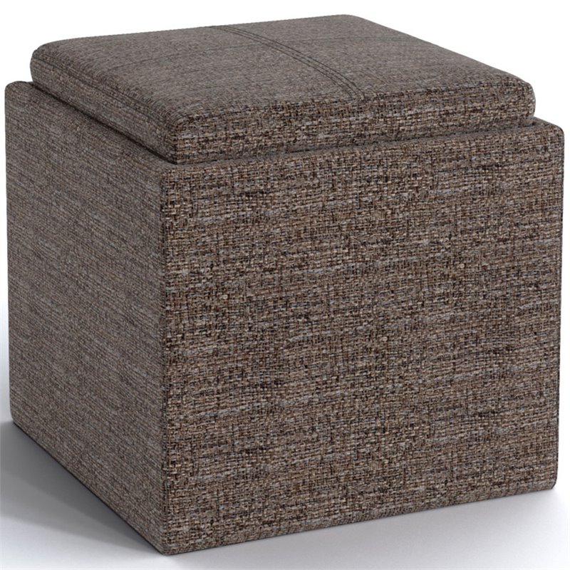 Bowery Hill Square Tweed Fabric Storage Ottoman With Tray in Mink Brown