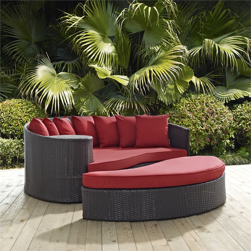 Bowery Hill Aluminum and Rattan Patio Daybed in Espresso/Red