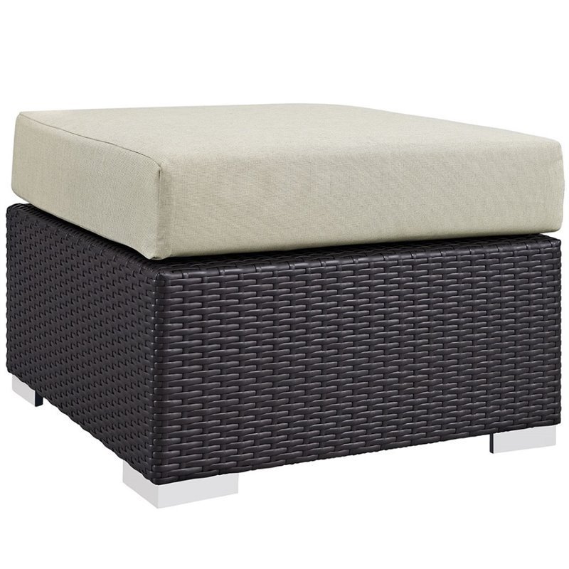 Bowery Hill Square Fabric and Rattan Patio Ottoman in Espresso/Beige