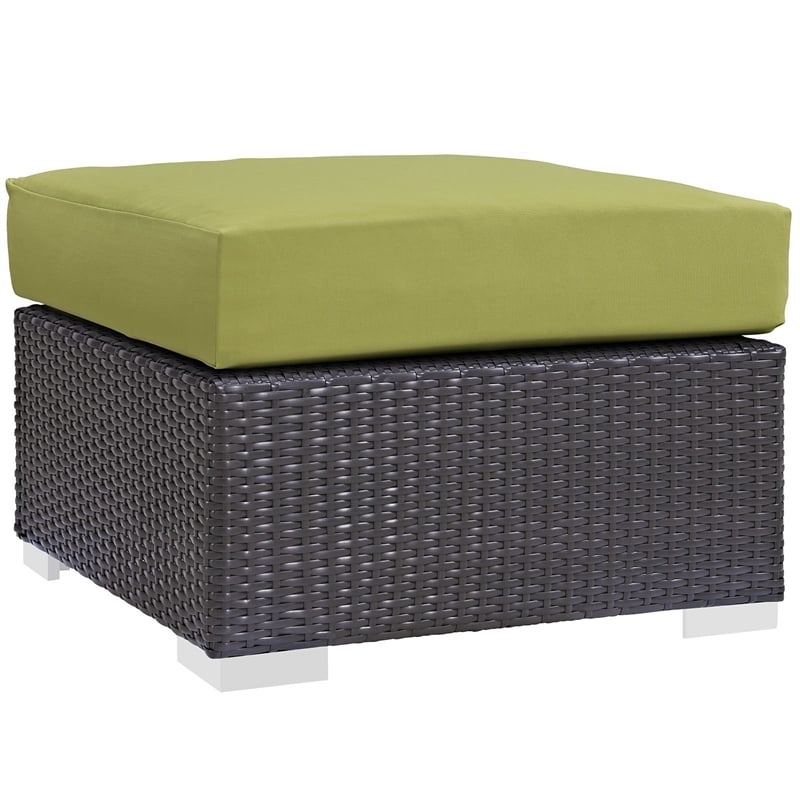 Bowery Hill Square Fabric and Rattan Patio Ottoman in Espresso/Peridot
