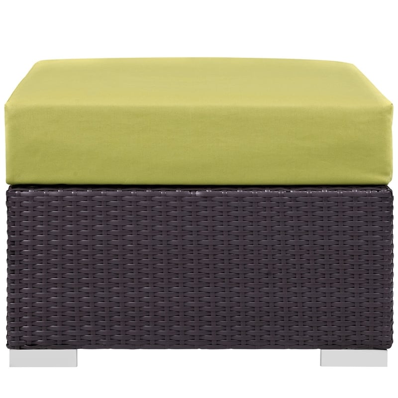 Bowery Hill Square Fabric and Rattan Patio Ottoman in Espresso/Peridot