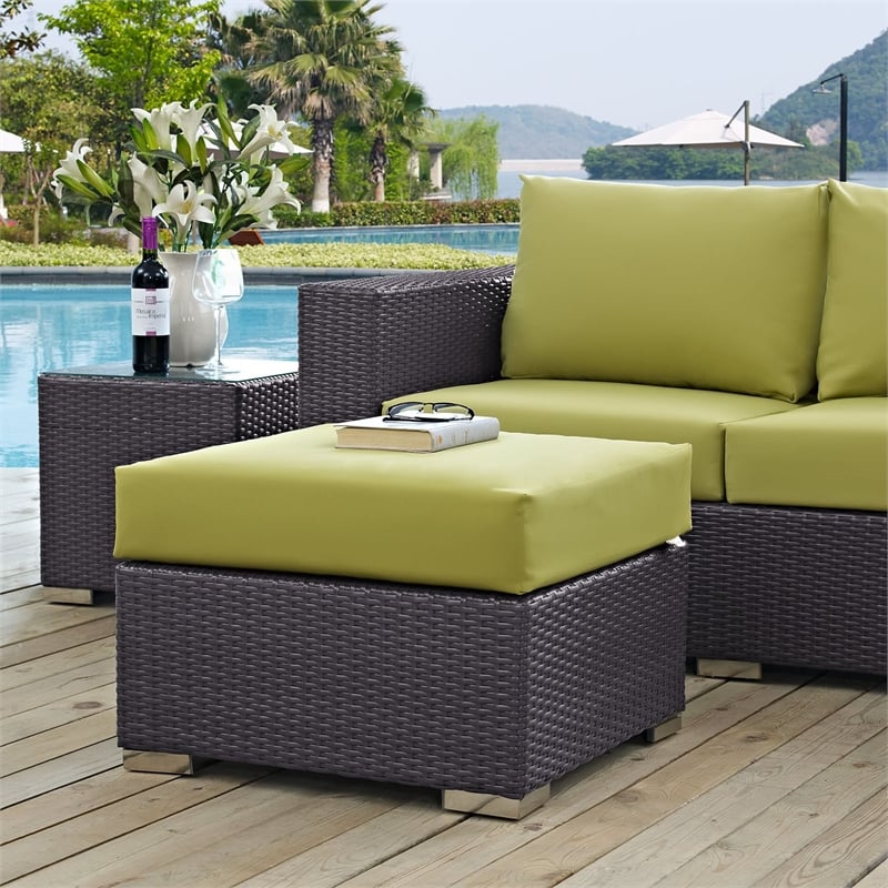 Bowery Hill Square Fabric and Rattan Patio Ottoman in Espresso/Peridot