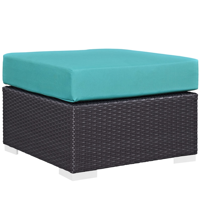 Bowery Hill Square Fabric and Rattan Patio Ottoman in Espresso/Turquoise