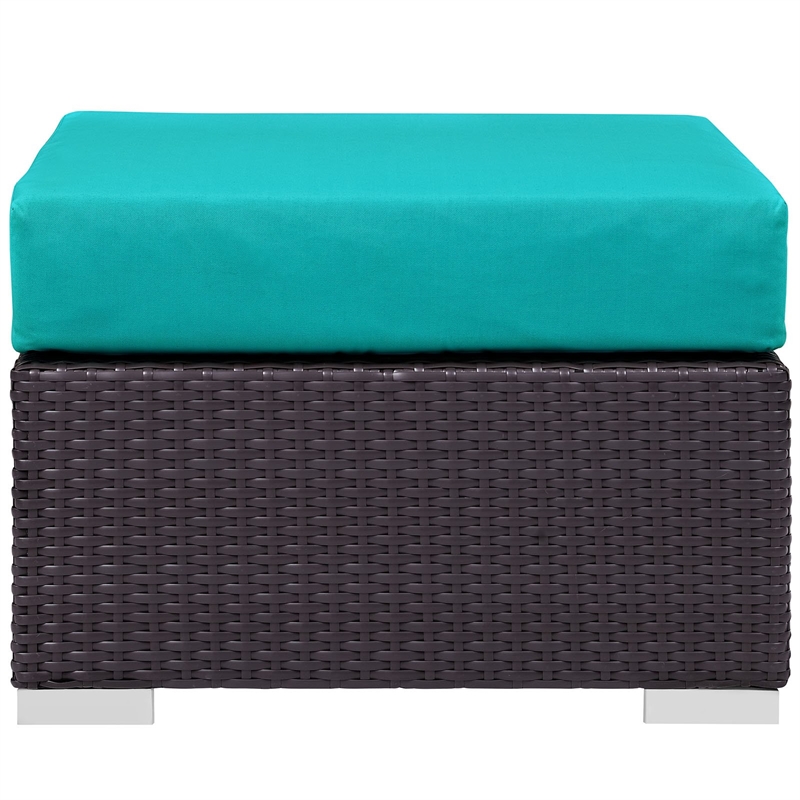 Bowery Hill Square Fabric and Rattan Patio Ottoman in Espresso/Turquoise