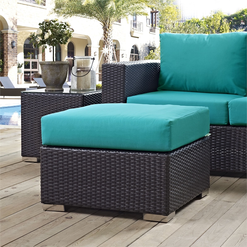 Bowery Hill Square Fabric and Rattan Patio Ottoman in Espresso/Turquoise