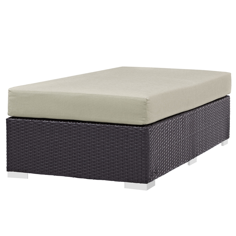 Bowery Hill Rectangle Fabric Rattan Patio Ottoman in Espresso/Beige