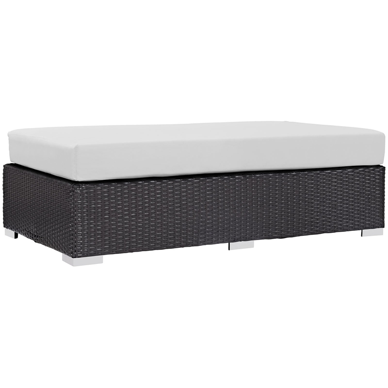 Bowery Hill Rectangle Fabric Rattan Patio Ottoman in Espresso/White