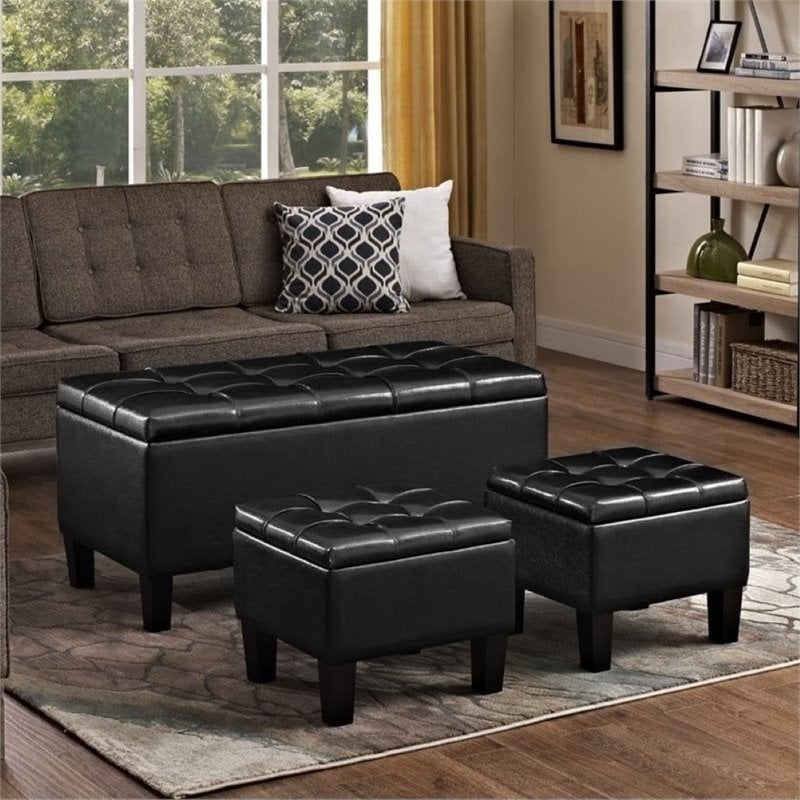 Bowery Hill Contemporary Faux Leather 3 Piece Storage Ottoman in Black