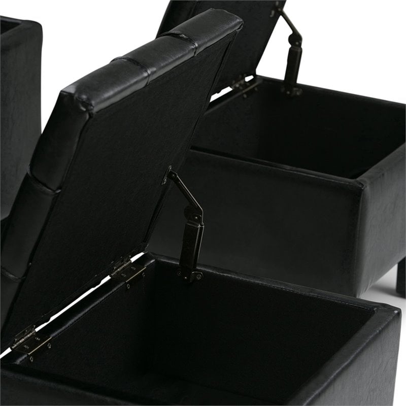 Bowery Hill Contemporary Faux Leather 3 Piece Storage Ottoman in Black