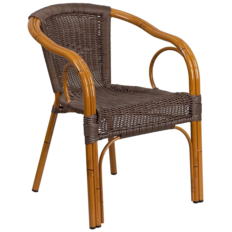 Bowery Hill Rattan Patio Dining Arm Chair in Dark Brown (Set of 3)