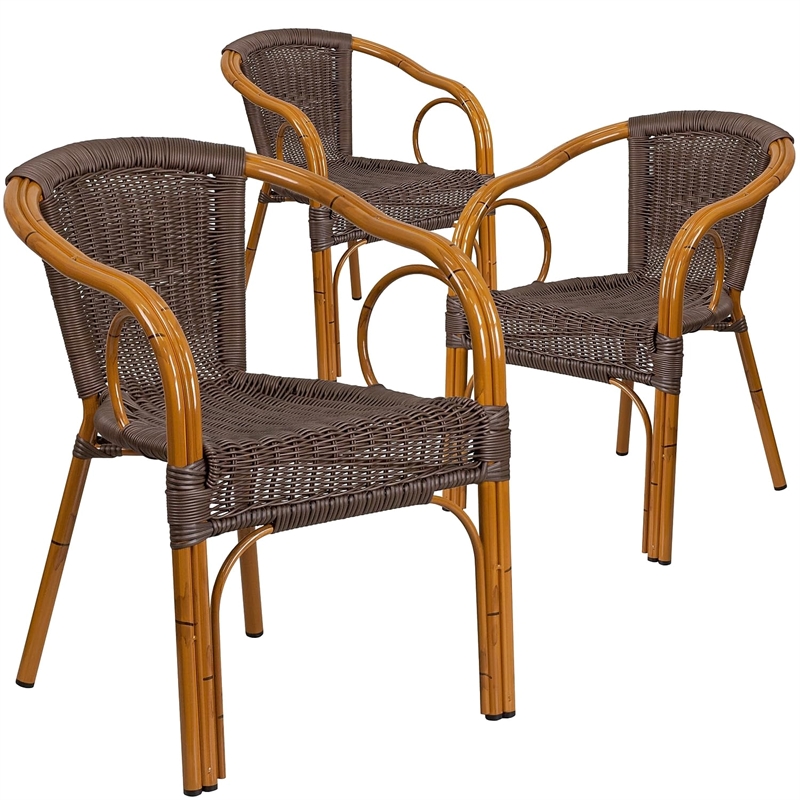 Bowery Hill Rattan Patio Dining Arm Chair in Dark Brown (Set of 3)