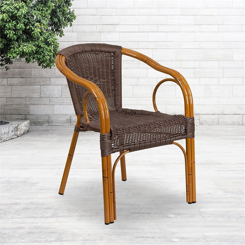 Bowery Hill Rattan Patio Dining Arm Chair in Dark Brown (Set of 3)