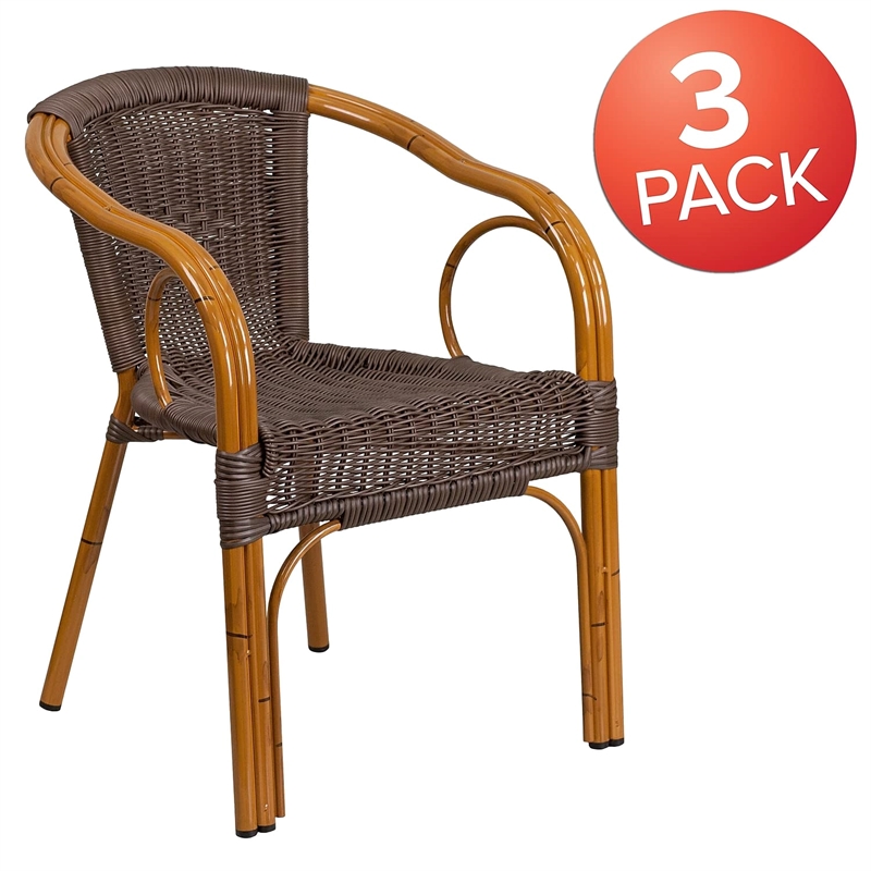 Bowery Hill Rattan Patio Dining Arm Chair in Dark Brown (Set of 3)